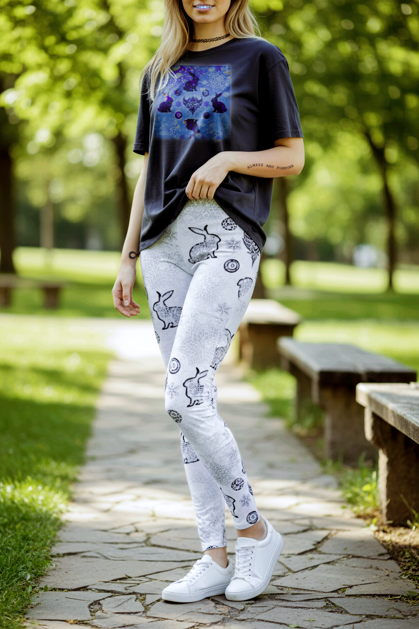 Snow Bunny Pattern Leggings — Women's Spring Floral & Bunny Printed Leggings