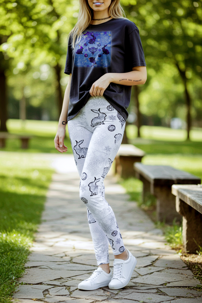 Snow Bunny Pattern Leggings — Women's Spring Floral & Bunny Printed Leggings