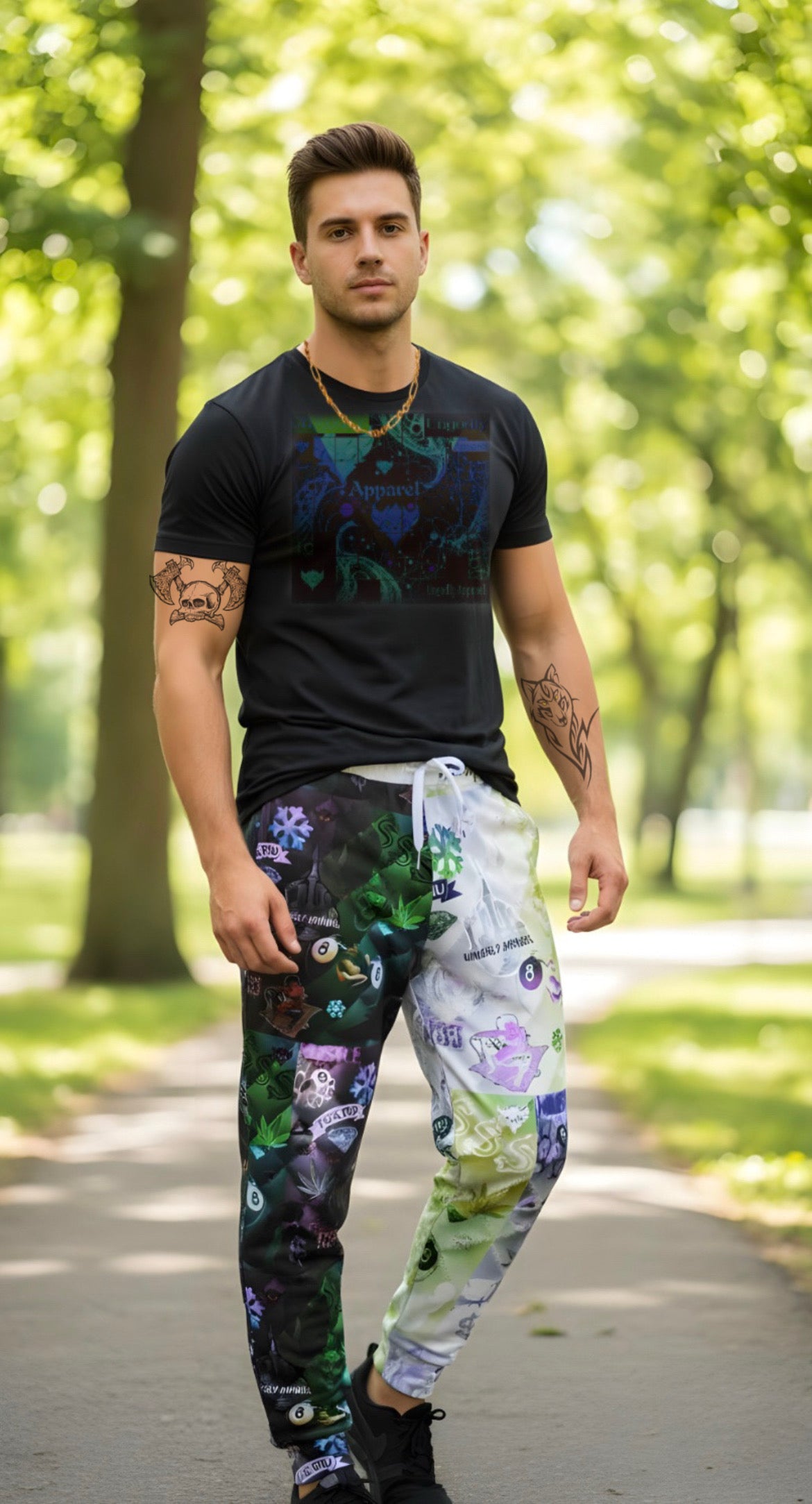 "Ungodly Vices" Graphic All-Over Print Joggers — Neon Patchwork Streetwear