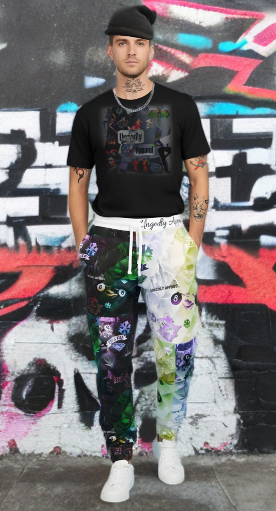 "Ungodly Vices" Graphic All-Over Print Joggers — Neon Patchwork Streetwear