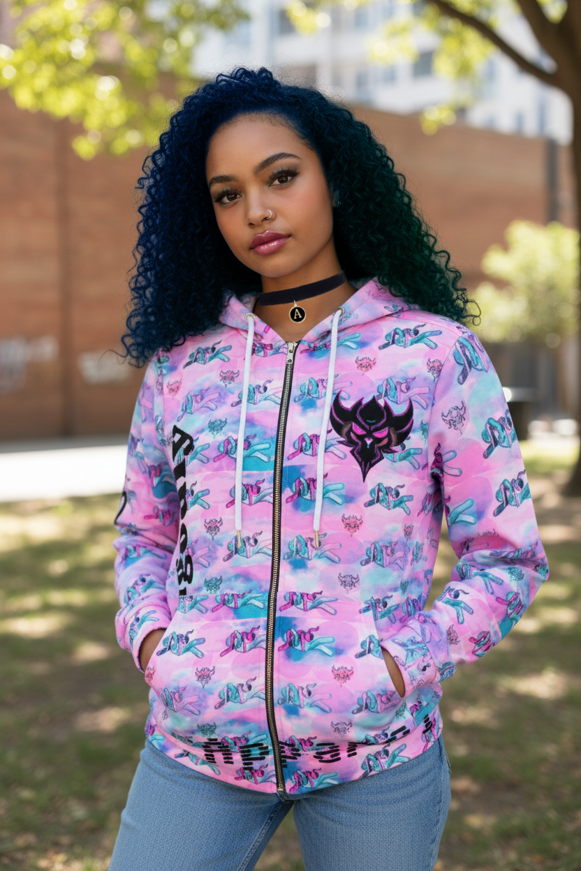 Vibrant Women’s Full-Zip Hoodie with Bold Graphics for Casual Style