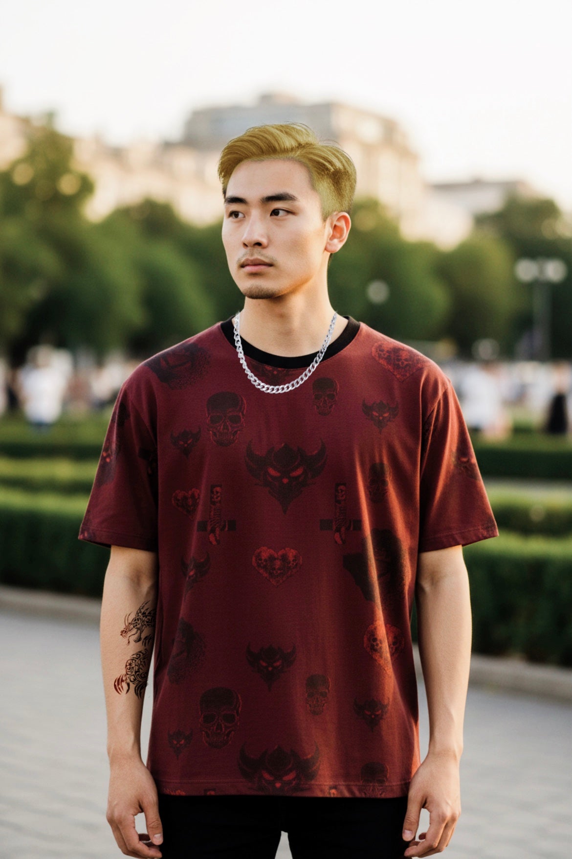Men's Gothic Skull Pattern T-Shirt – Dark Red All-Over Print