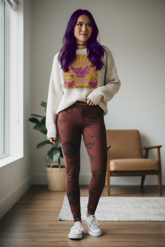 Skull & Rose Burgundy Leggings — Gothic Floral Halloween Activewear