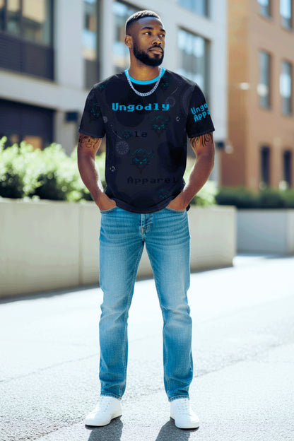 Men's All-Over Print Graphic Tee — Dark Tech Skull Pattern with "Ungodly Apparel" Sleeve