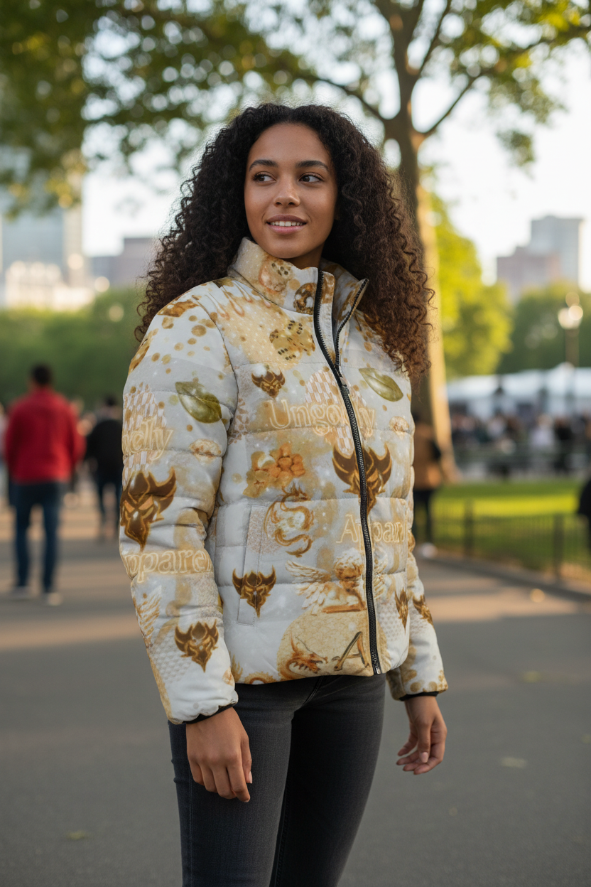Women's Puffer Jacket — Gold Floral Vintage Pattern