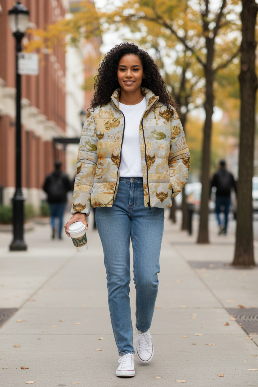 Women's Puffer Jacket — Gold Floral Vintage Pattern