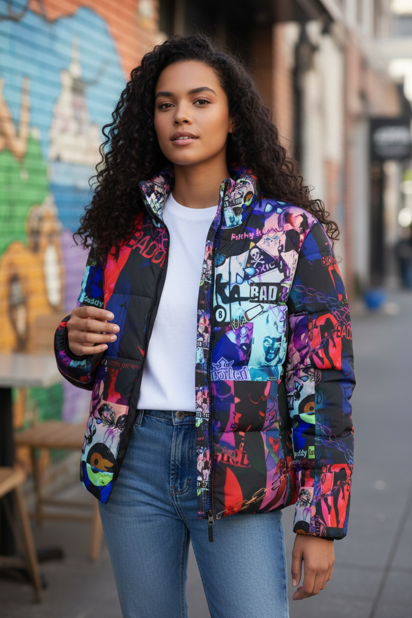 "Bad Bitch Mashup" Vibrant Women’s Puffer Jacket - Bold Graphic Design for Trendsetters