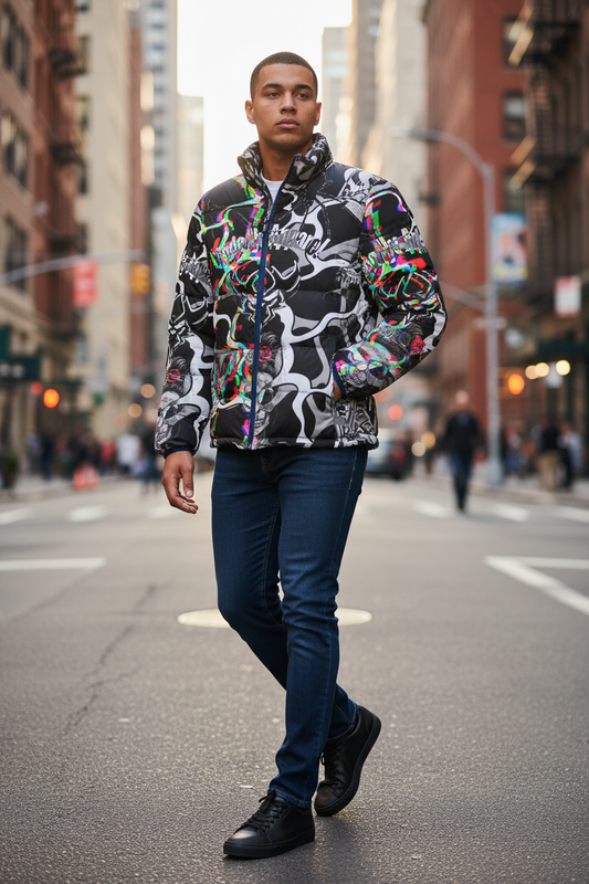 Men's Ungodly Skull Glitch Puffer Jacket