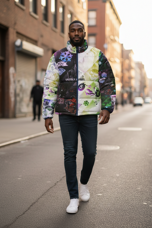"Ungodly Vices" Colorful Men's Puffer Jacket - Stylish Winter Wear