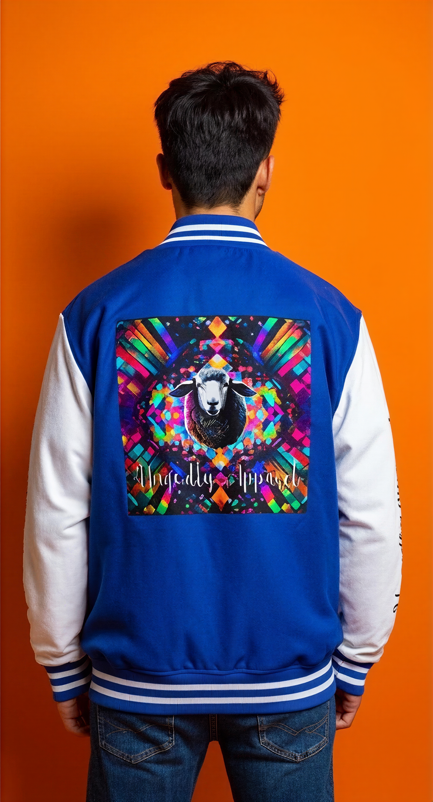 Letterman Jacket — Pink Kaleidoscope "Black Sheep of the Family"  Design with 'Ungodly Apparel' Sleeve Text
