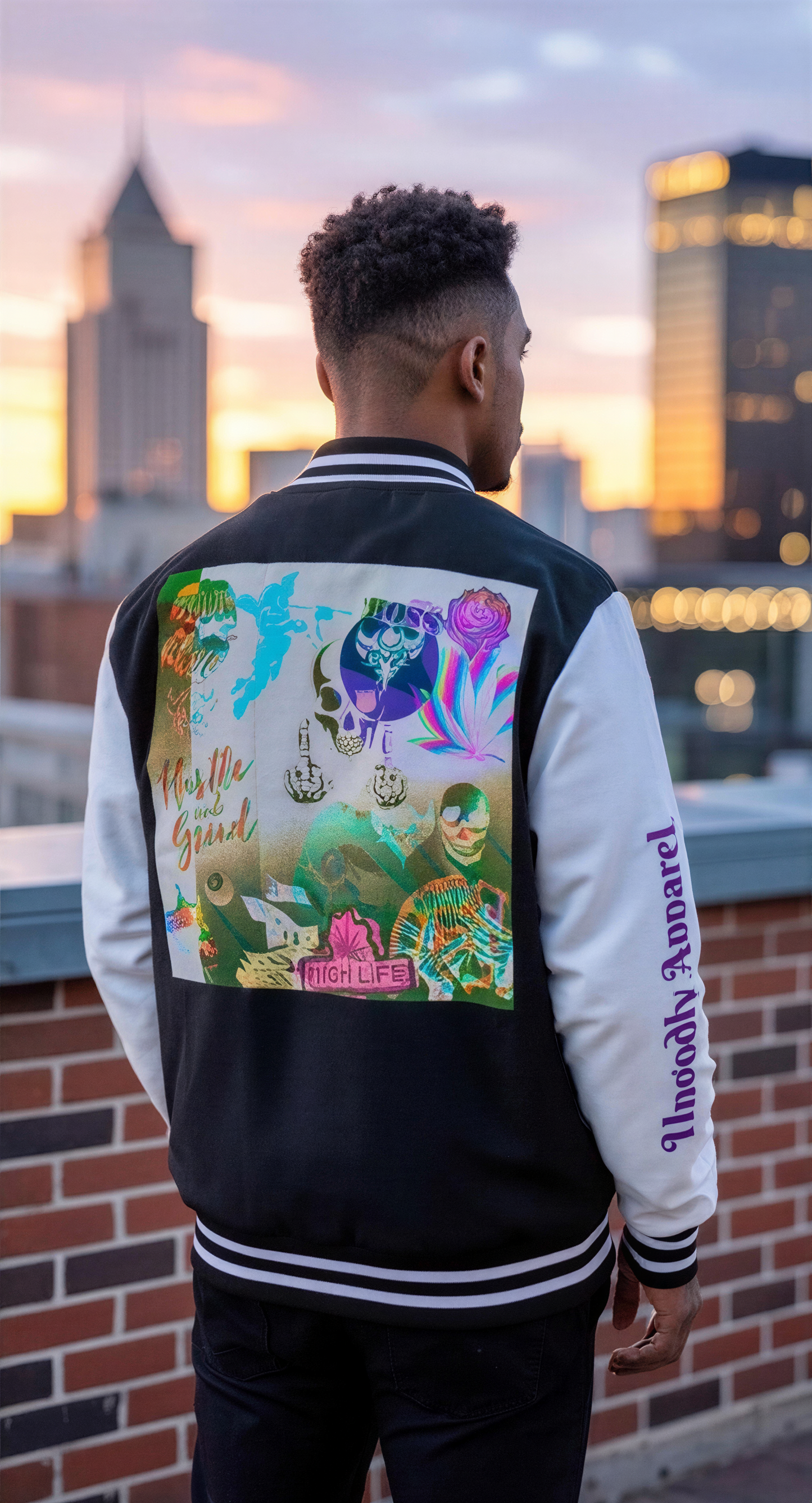 "Hustle and Grind" Letterman Jacket — Neon Collage Heart & 'Hustle Hard' Streetwear
