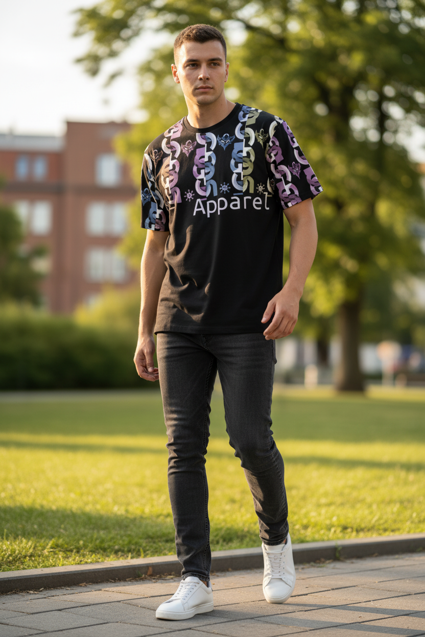 Chain Pattern Graphic Tee — 'Ungodly Apparel' Black Loose-Fit T-Shirt