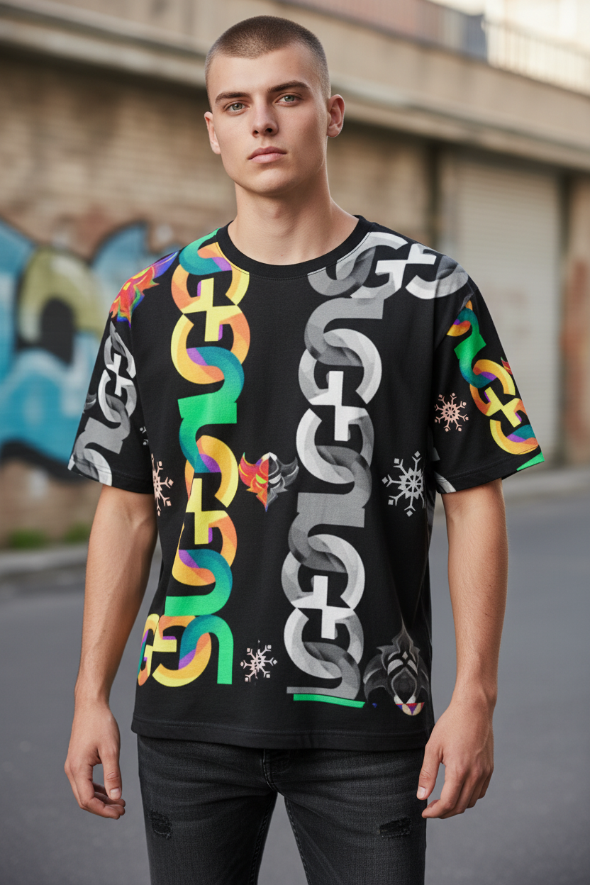 Bold Multi-colored Ungodly Chain Pattern Graphic T‑Shirt — All-Over Print Men's Tee