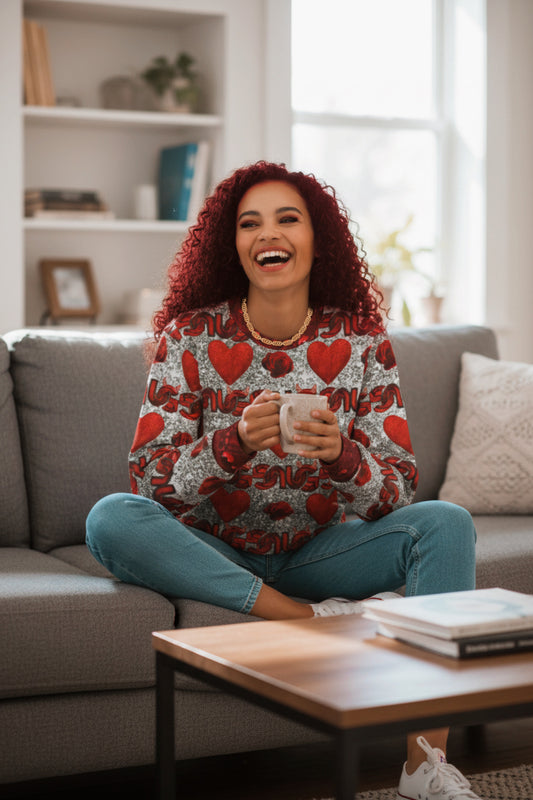 Unisex Valentine Heart Pattern Sweatshirt – All-Over Print Red Hearts & Roses Crewneck