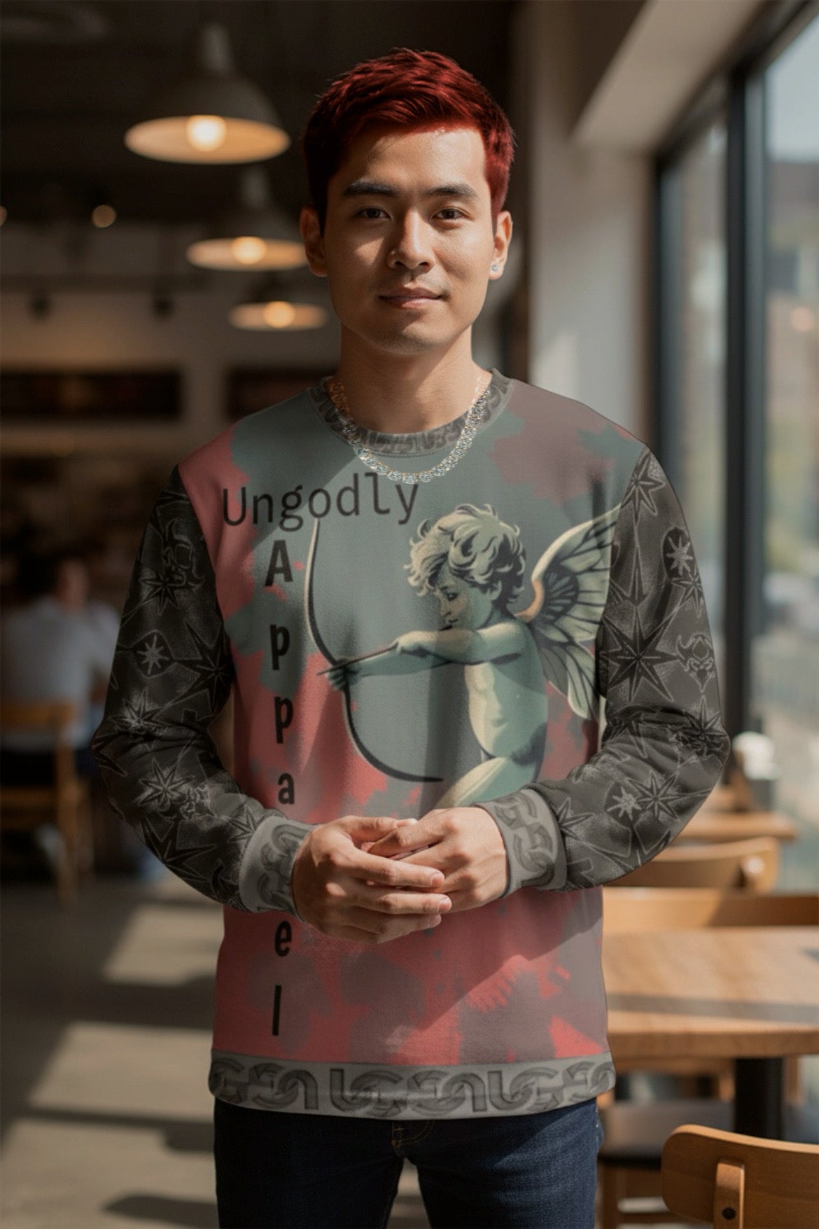 Cupid Cherub All-Over Print Sweatshirt — Vintage Angel Graphic, 'Ungodly Apparel'