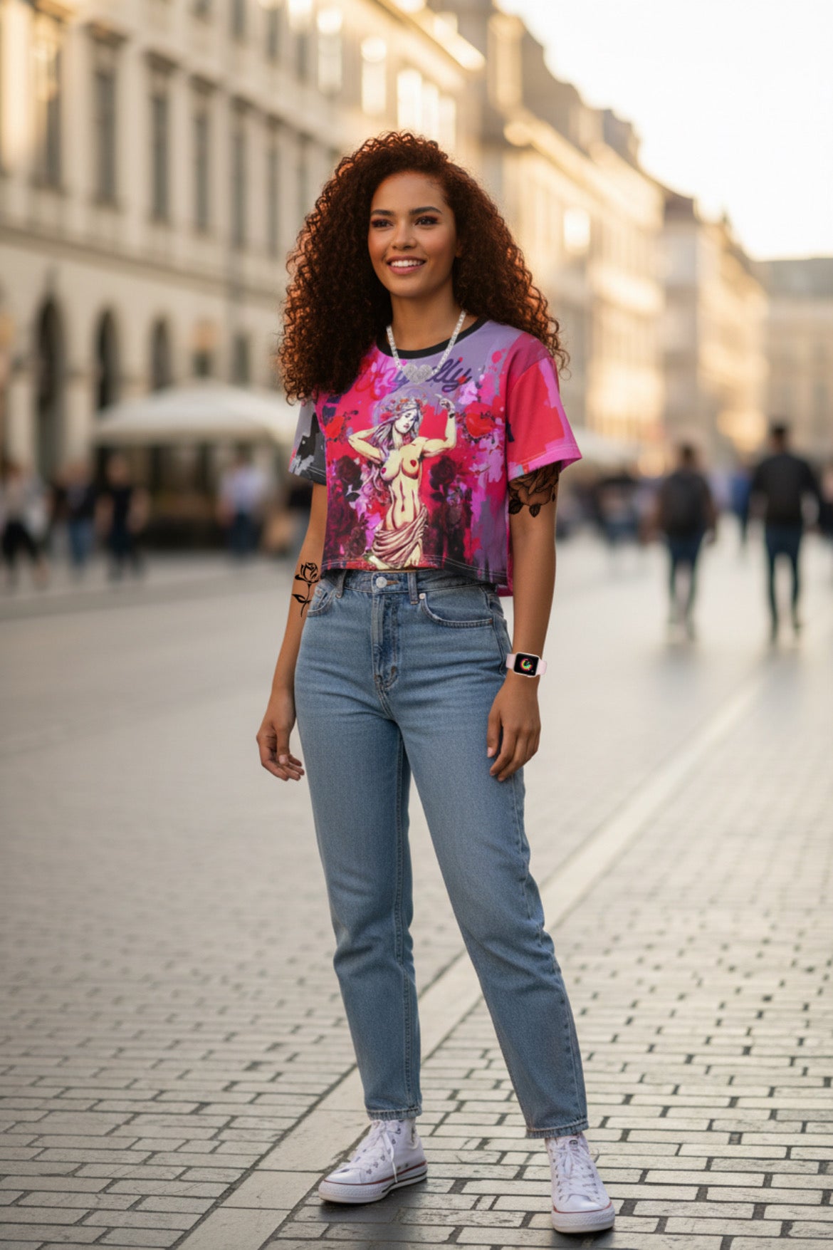 Aphrodite Graffiti Crop Tee — Bold Pink Goddess Art Top