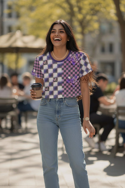 Purple Ungodly Checkerboard Pattern Crop Top
