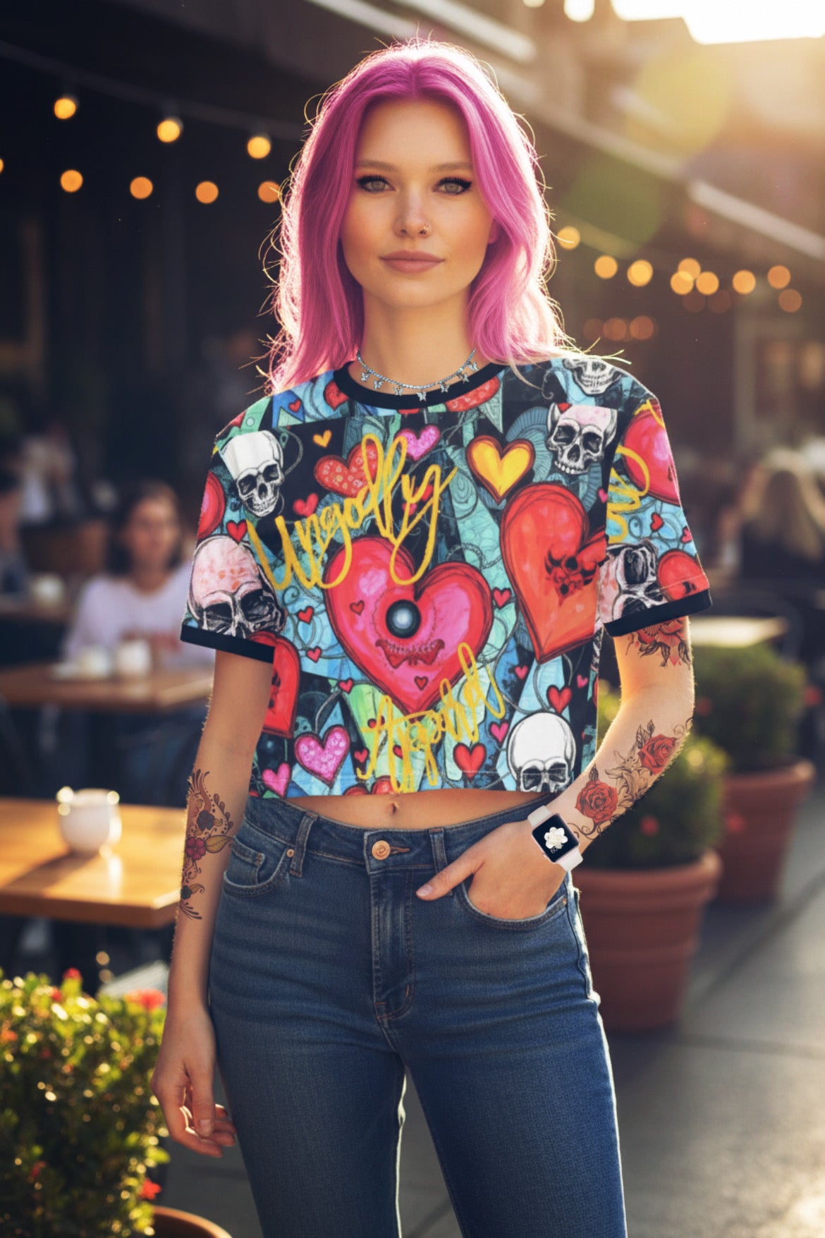 Blue Skull and Hearts Pattern Crop Top