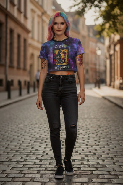 Tarot Lovers Galaxy Crop Tee — "Ungodly Apparel" Cosmic Tarot Graphic