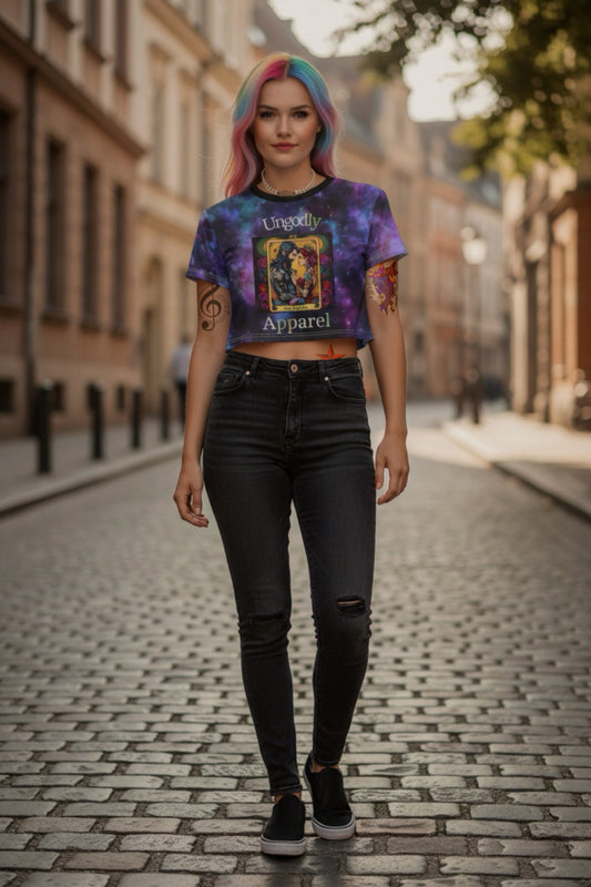 Tarot Lovers Galaxy Crop Tee — "Ungodly Apparel" Cosmic Tarot Graphic
