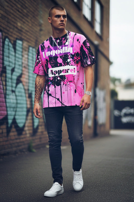 Ungodly Apparel Splatter Print Tee — Pink Gothic Streetwear T-Shirt