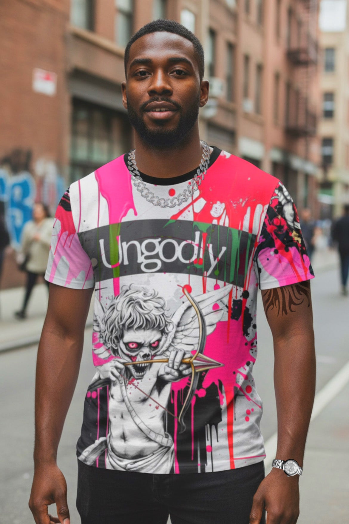 Ungodly Cupid Graphic T‑Shirt — Pink Drip All‑Over Print