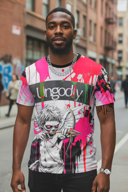 Ungodly Cupid Graphic T‑Shirt — Pink Drip All‑Over Print