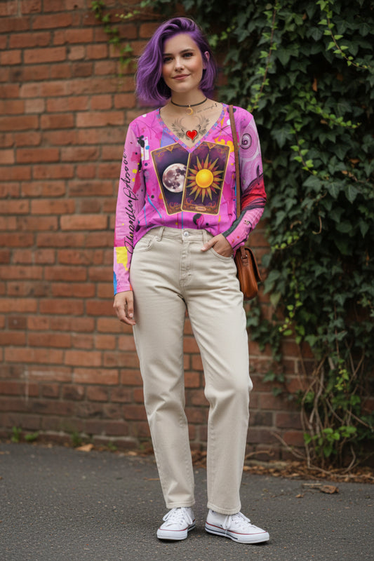 Tarot Sun & Moon V‑Neck Long Sleeve — Women's Mystic Graphic Shirt
