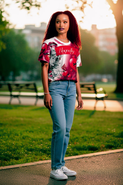 Women's Cut & Sew Tee — 'Ungodly' Red Heart Gothic All-Over Print