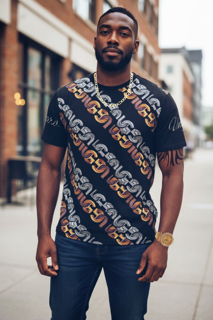 Ungodly Chains Pattern Men's Loose T-Shirt — Black Diagonal Link Graphic All-Over Print