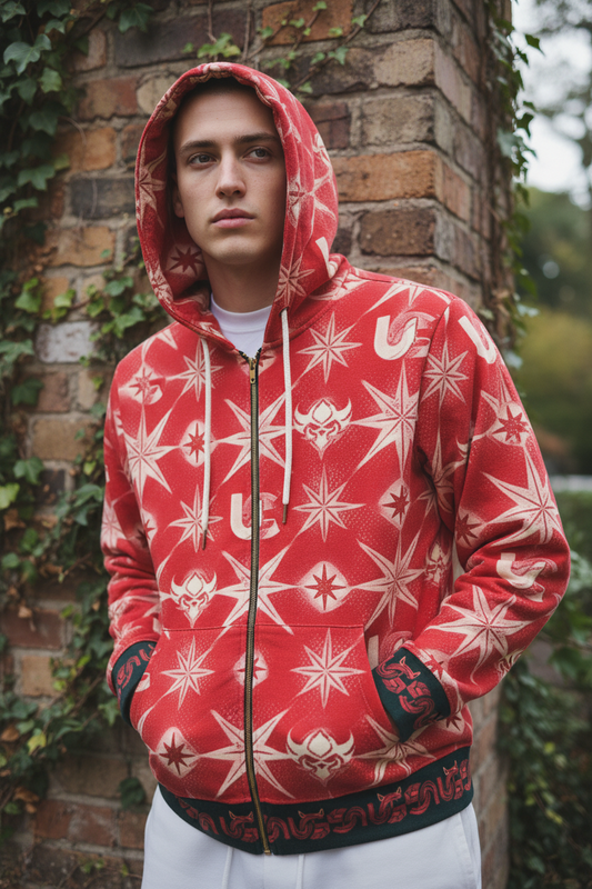 Red Ungodly Apparel Starburst Pattern Full-Zip Hoodie — Bold All-Over Graphic for Men