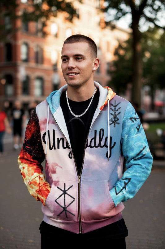 Unisex Full‑Zip Hoodie — ‘Ungodly / Protect Yourself’ Earth, Wind, Fire, and Water. Protection and attraction symbols