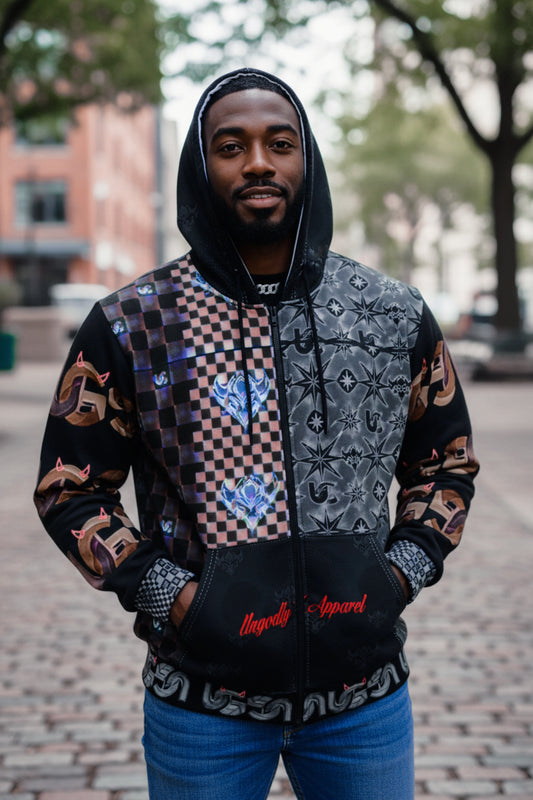 Ungodly Apparel Patterns Checkerboard Gothic Zip Hoodie — Patchwork Heart & Chain Graphic