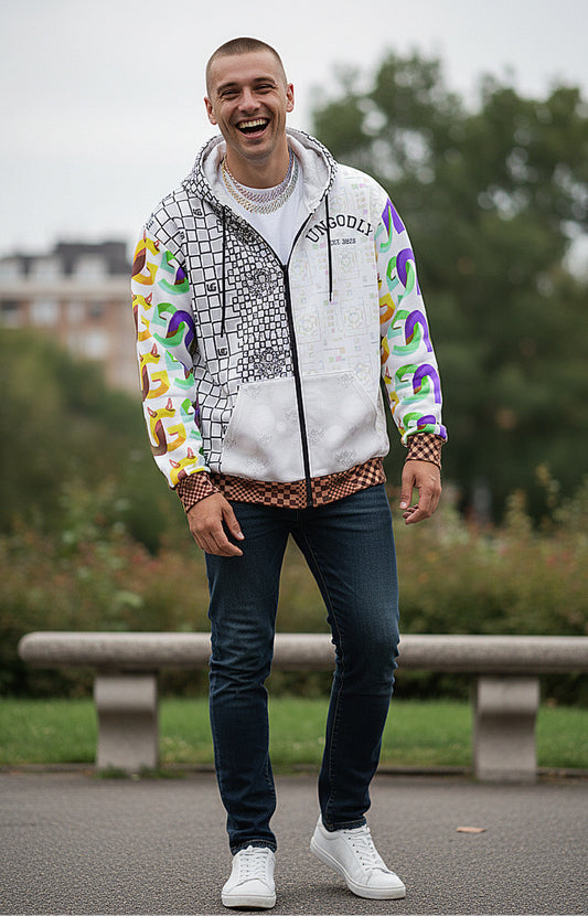 Ungodly Checkerboard Zip Hoodie — Colorful Retro Graphic AOP Full-Zip
