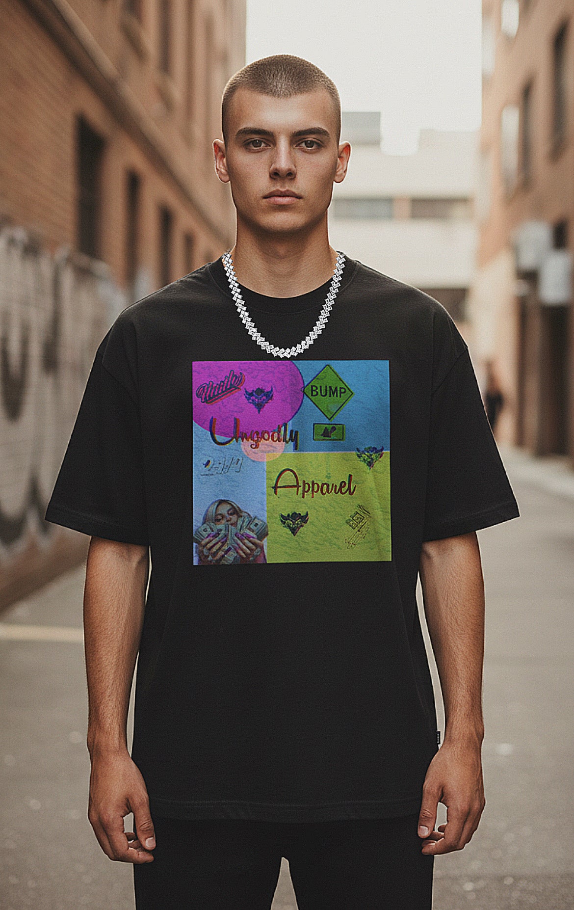 Abstract Pop-Art Graphic Tee — 'Apparel' Color Block Design