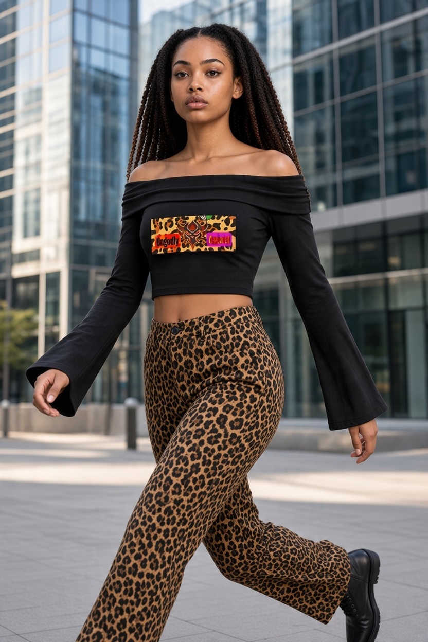 "Ungodly Apparel Leopard" Women's Off-the-Shoulder Bell Sleeve Crop T-Shirt
