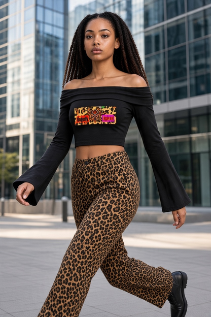"Ungodly Apparel Leopard" Women's Off-the-Shoulder Bell Sleeve Crop T-Shirt