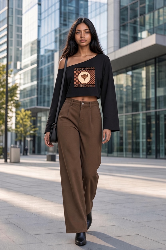 Ungodly Apparel Brown Checkerboard Women's Off-Shoulder Sweatshirt