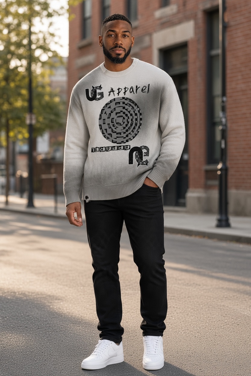 UG Apparel Grey Spiral Checkerboard Sun Fade Distressed Ripped Crewneck sweater
