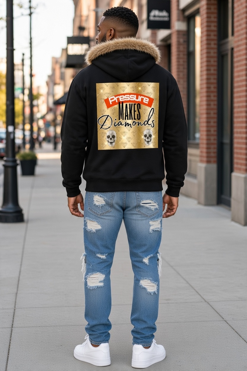 "UG Apparel: Pressure Makes Diamonds" Sun Fade Boxy Detachable Fur Hoodie