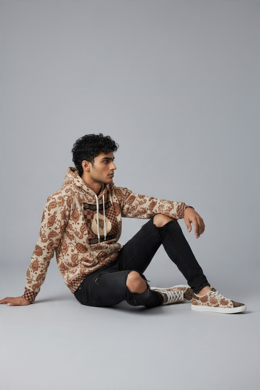 UG Apparel Checkerboard and Vintage Paisley Pattern Hoodie – Boho Retro Pullover
