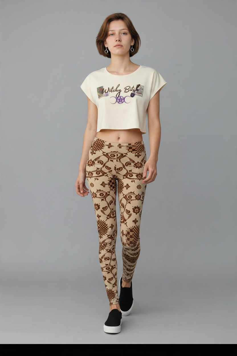 UG Apparel Brown Vintage Folk Floral Pattern Leggings