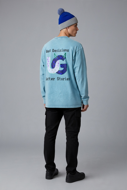 "Bad Decisions, Better Stories" Snow Washed Frayed Edge T-Shirt