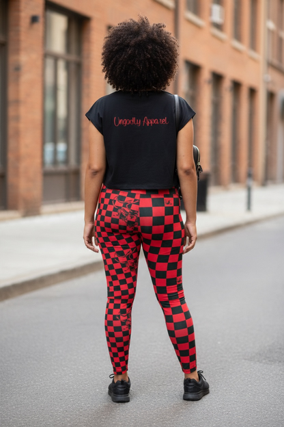 UG Apparel Red and Black Checkerboard Skull Leggings