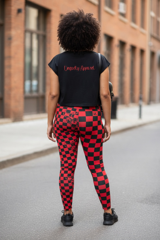 UG Apparel Red and Black Checkerboard Skull Leggings