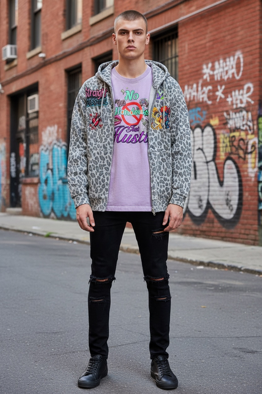 Unisex Leopard Print Waffle Full Zip Hoodie