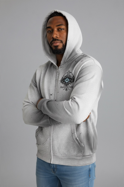 "Ungodly Pinup Collage" Sun Fade Frayed Raw Edge Fleece Zip Hoodie