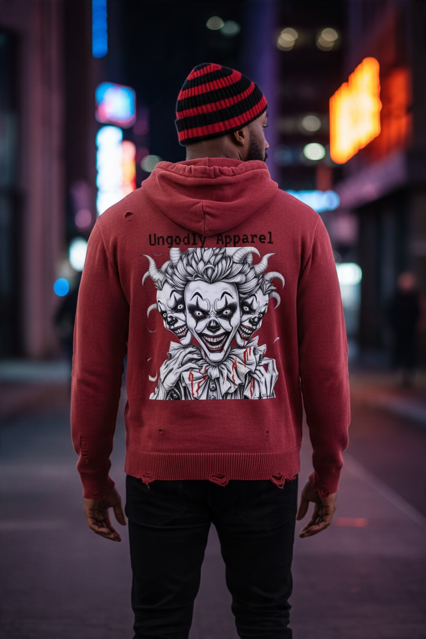 "Ungodly Apparel Clowns" Unisex Distressed Full Zip Sweater