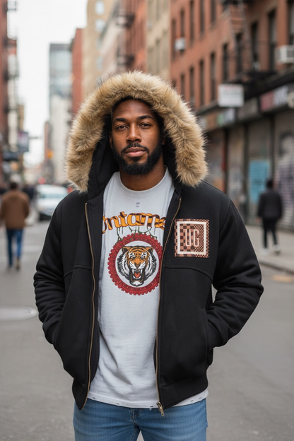 "UG Apparel: Pressure Makes Diamonds" Sun Fade Boxy Detachable Fur Hoodie