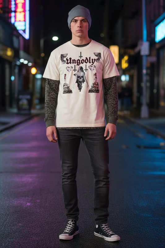 "Ungodly Evil" Unisex Vintage Wash Leopard Paneled Layer T-Shirt